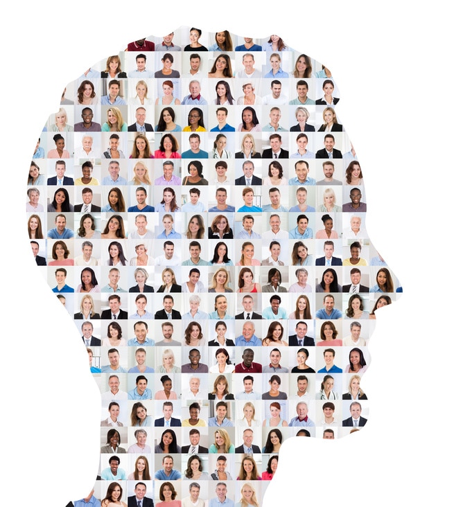 People Collage Concept On Human Face mutuelle senior